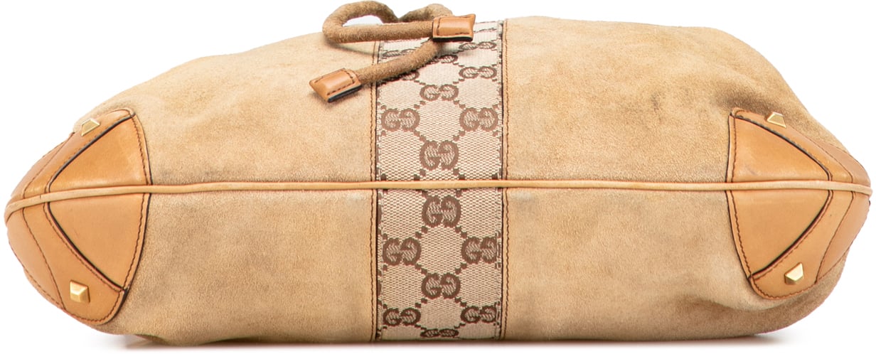 Gucci Suede and GG Canvas Nailhead Drawstring Hobo Bruin