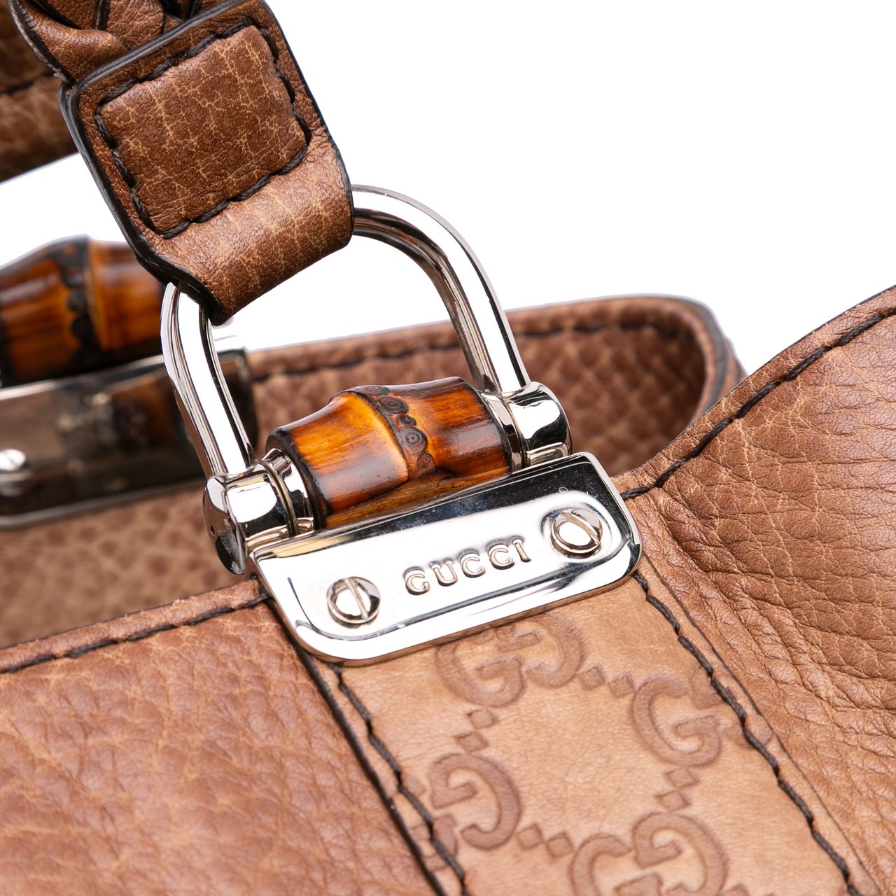 Gucci Guccissima Trimmed Leather Bamboo Libeccio Tote Bruin