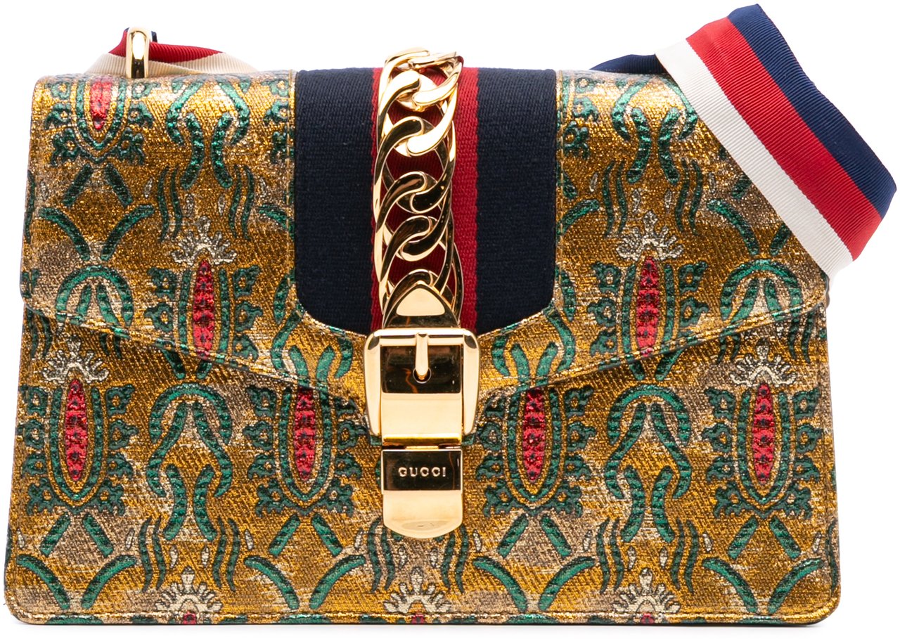 Gucci Small Canvas Brocade Sylvie Satchel Goud