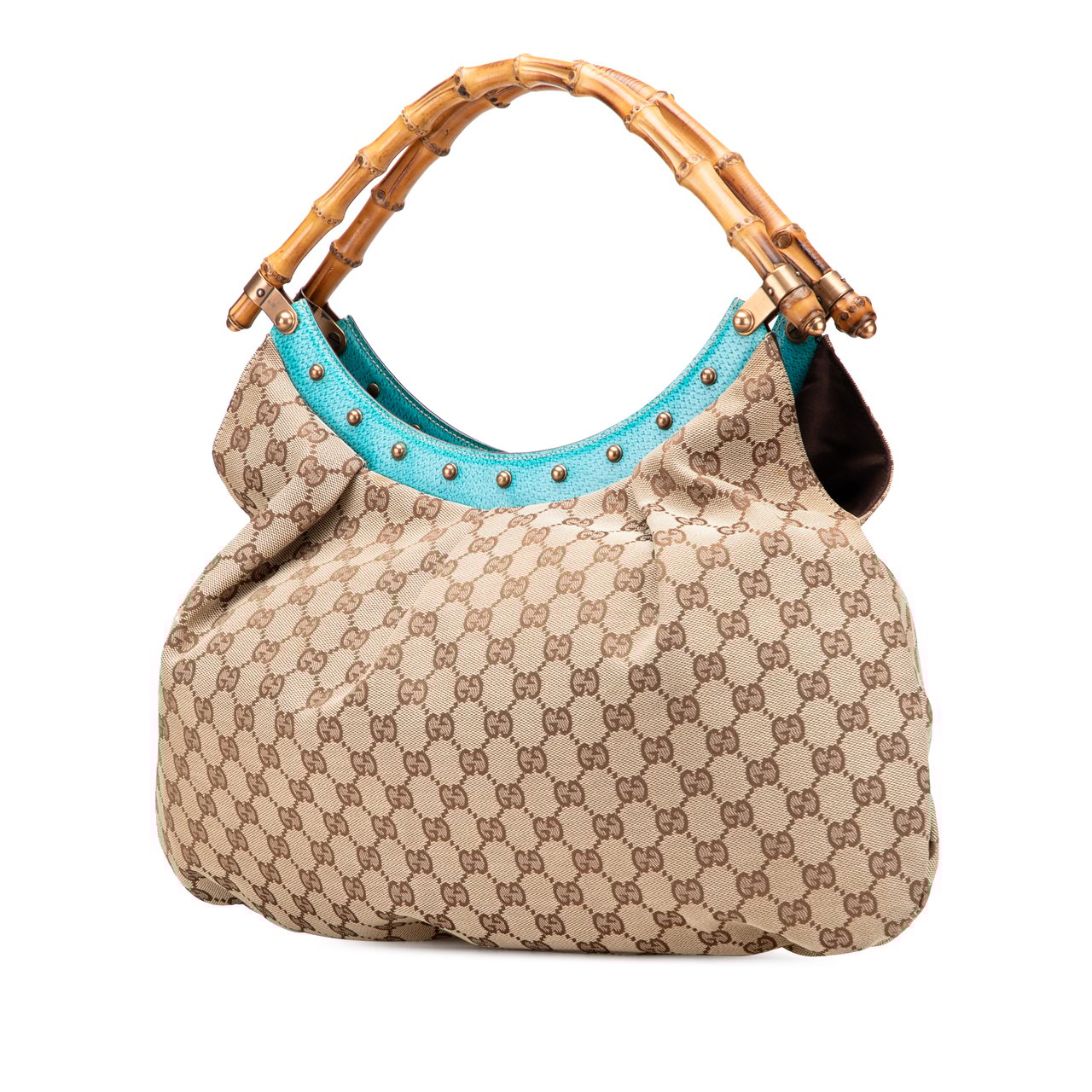 Gucci GG Canvas Bamboo Studded Hobo Bruin