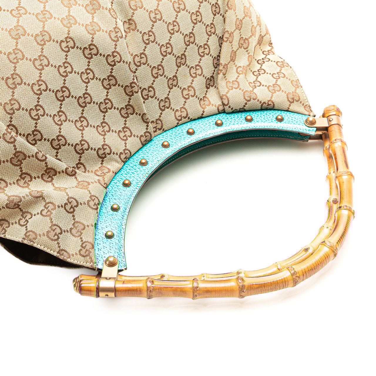 Gucci GG Canvas Bamboo Studded Hobo Bruin