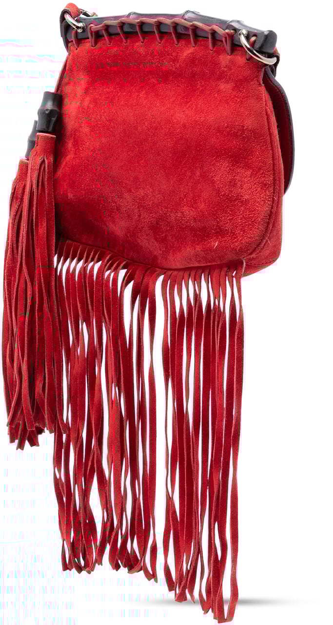 Gucci Small Suede Bamboo Nouveau Fringe Crossbody Rood