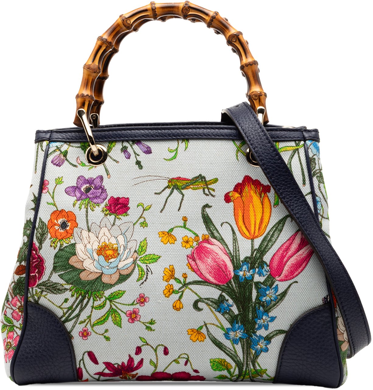 Gucci Small Canvas Flora Bamboo Shopper Satchel Blauw