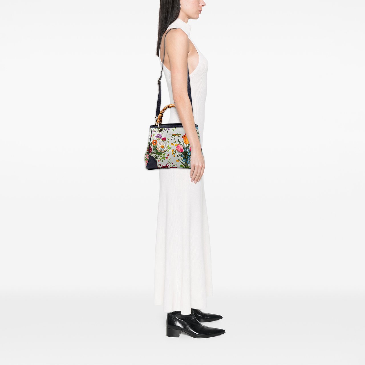 Gucci Small Canvas Flora Bamboo Shopper Satchel Blauw