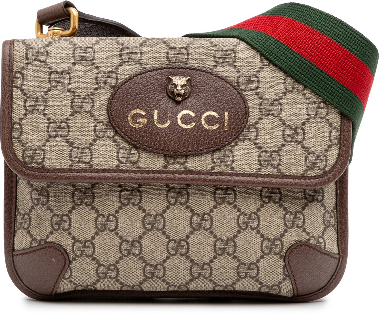 Gucci Small GG Supreme Web Neo Vintage Double Flap Messenger Bag Bruin