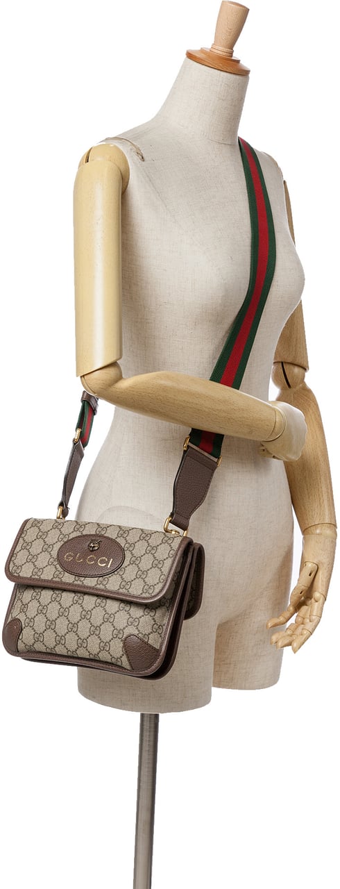 Gucci Small GG Supreme Web Neo Vintage Double Flap Messenger Bag Bruin