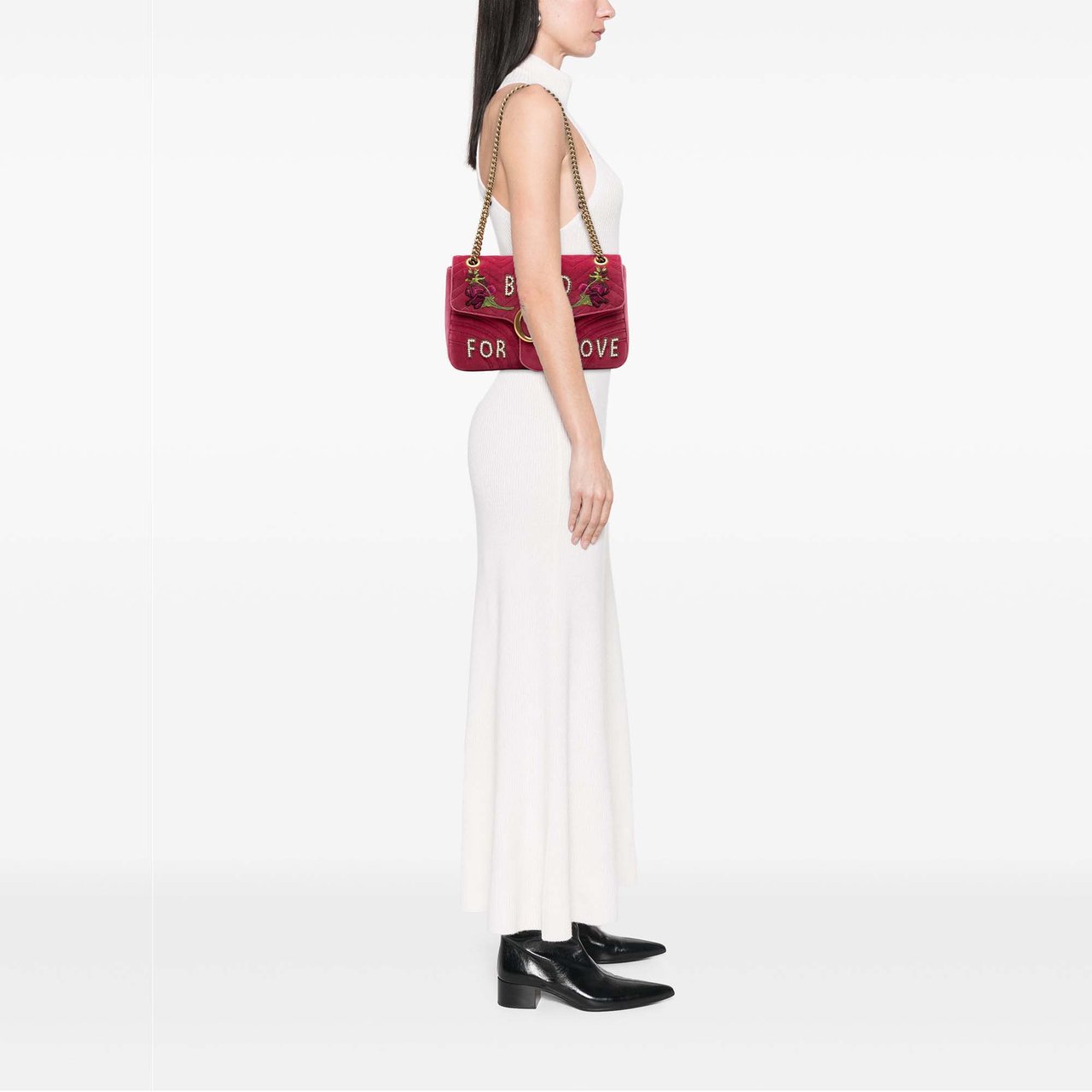 Gucci Large GG Marmont Matelasse Velvet Embroidered Blind For Love Shoulder Bag Roze