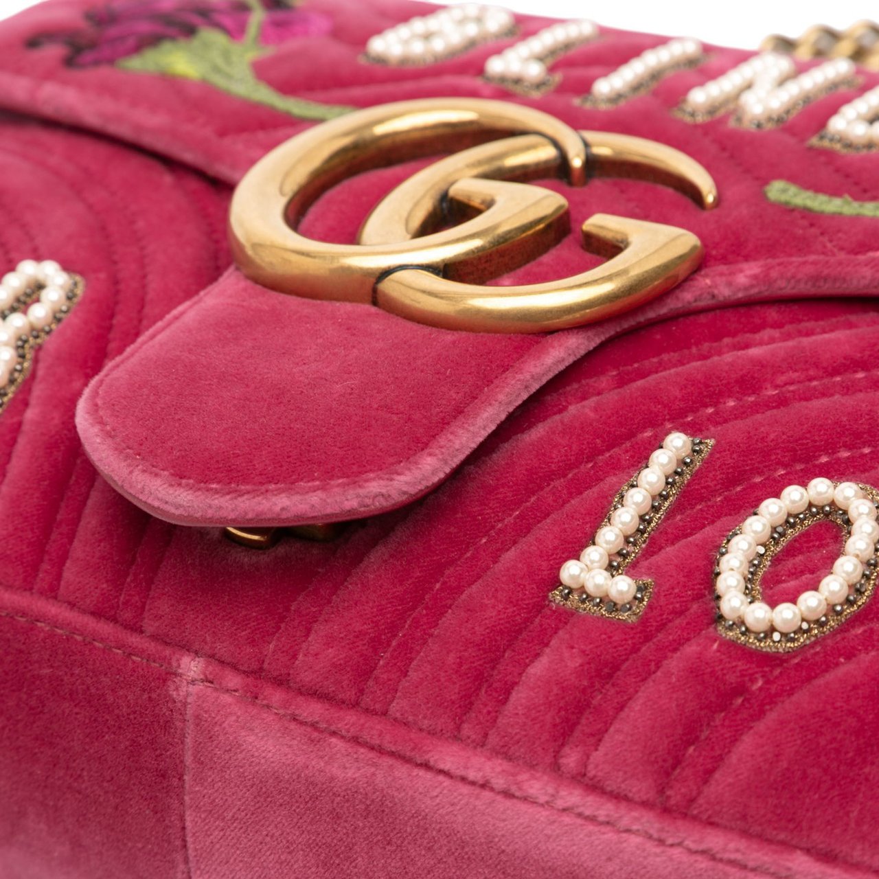 Gucci Large GG Marmont Matelasse Velvet Embroidered Blind For Love Shoulder Bag Roze