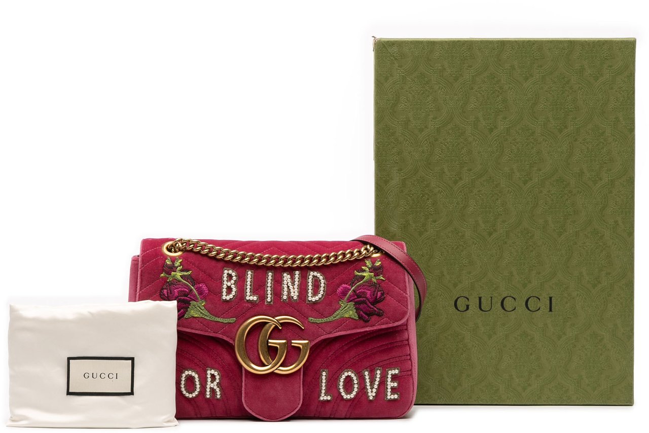 Gucci Large GG Marmont Matelasse Velvet Embroidered Blind For Love Shoulder Bag Roze