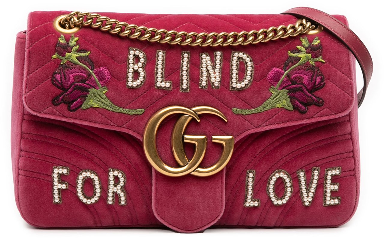 Gucci Large GG Marmont Matelasse Velvet Embroidered Blind For Love Shoulder Bag Roze