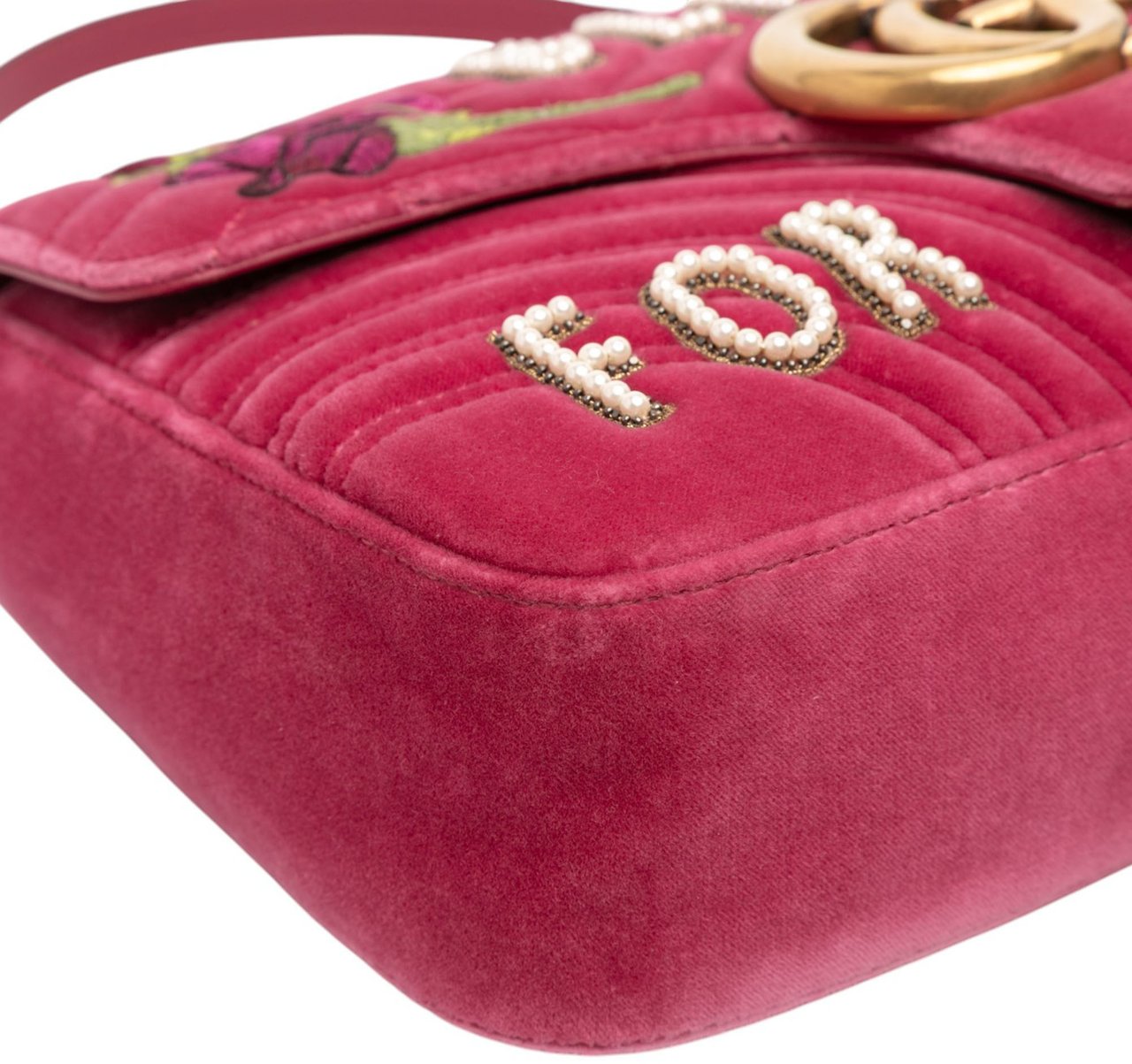 Gucci Large GG Marmont Matelasse Velvet Embroidered Blind For Love Shoulder Bag Roze