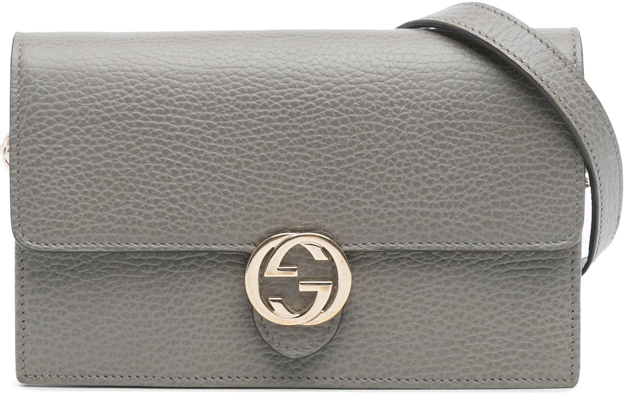 Gucci Leather Interlocking G Dollar Wallet on Chain Grijs