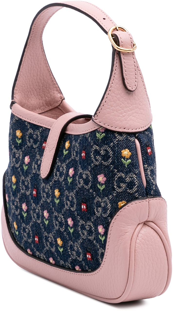 Gucci Limited Edition Mini GG Embroidered Denim Floral Jackie 1961 Crossbody Blauw