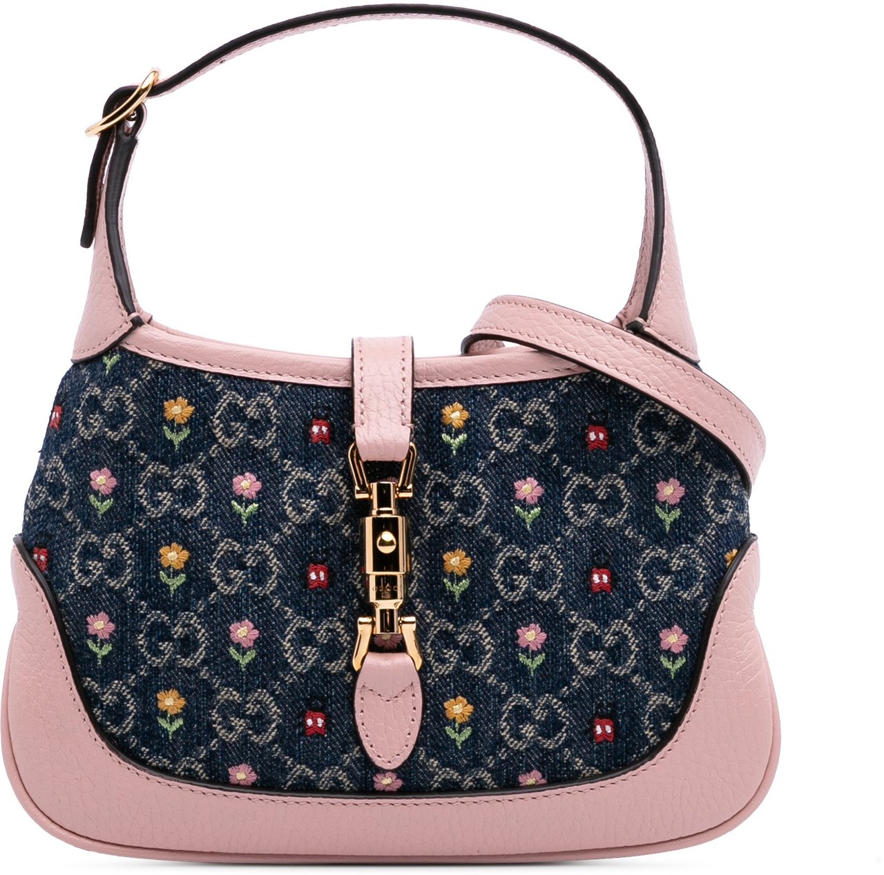 Gucci Limited Edition Mini GG Embroidered Denim Floral Jackie 1961 Crossbody Blauw