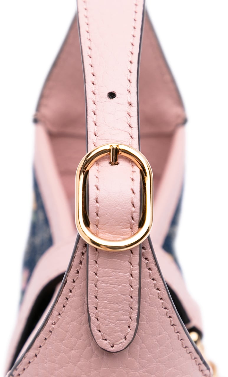 Gucci Limited Edition Mini GG Denim Embroidered Floral Jackie 1961 Crossbody Blauw