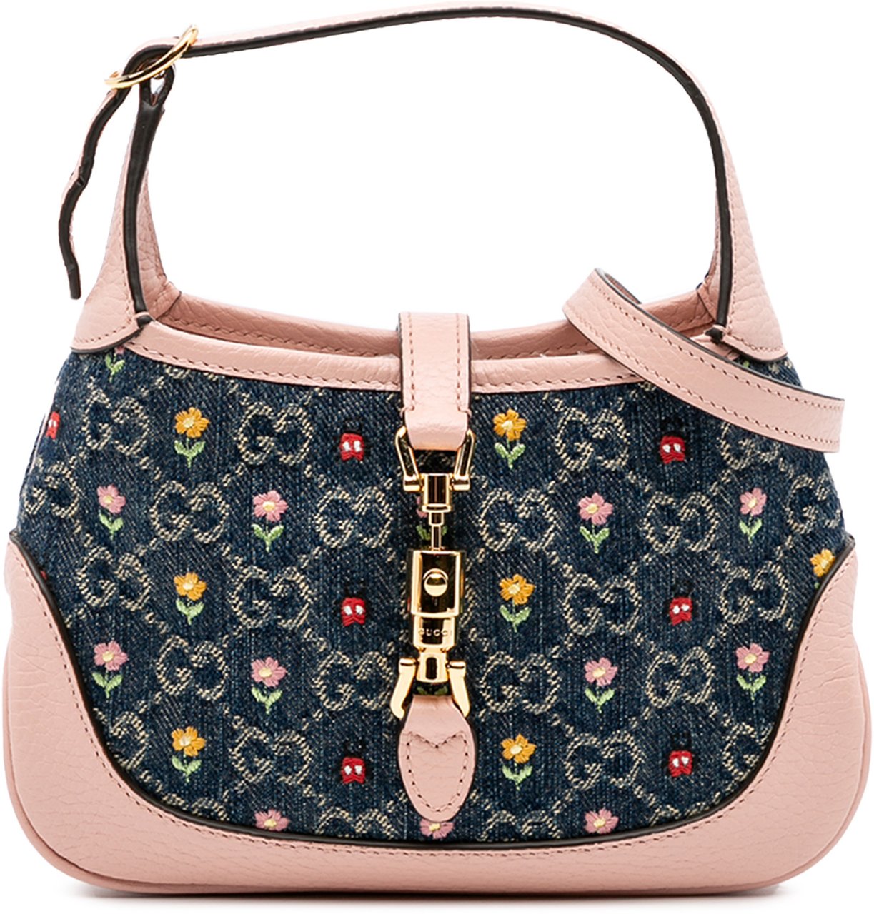 Gucci Limited Edition Mini GG Denim Embroidered Floral Jackie 1961 Crossbody Blauw