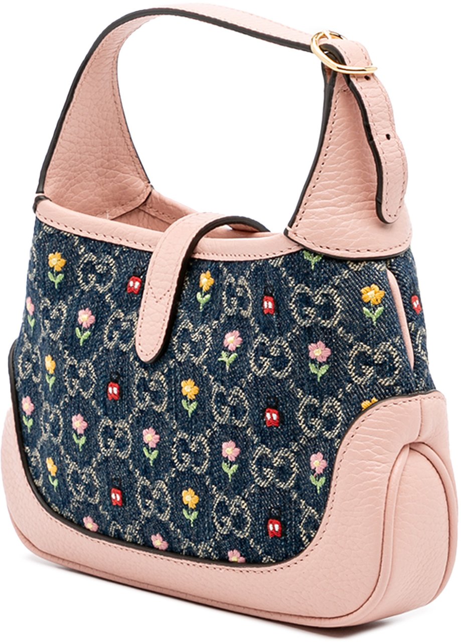Gucci Limited Edition Mini GG Denim Embroidered Floral Jackie 1961 Crossbody Blauw