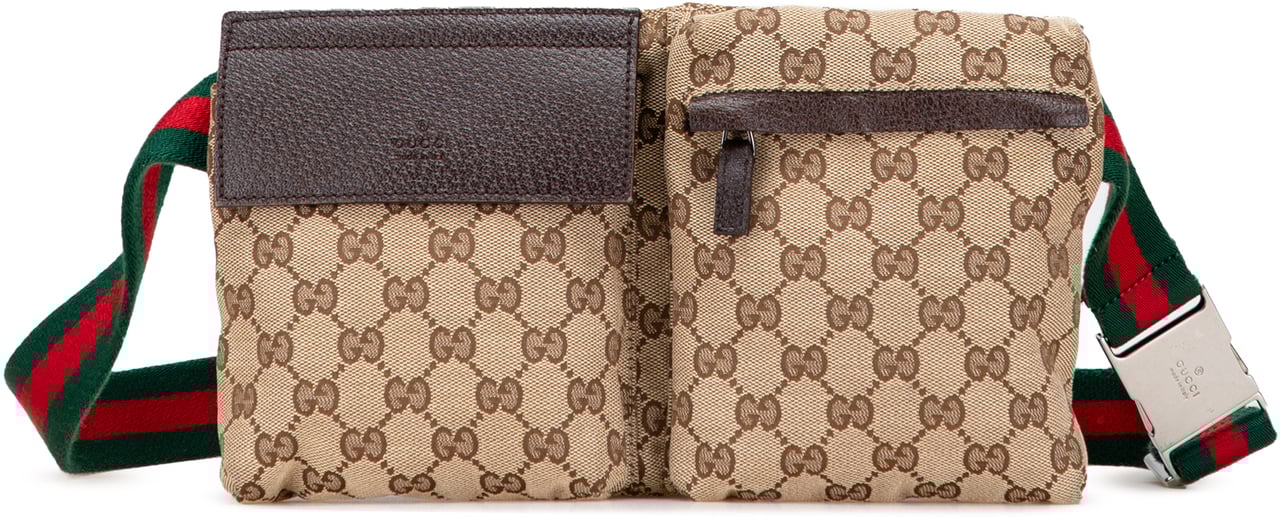Gucci GG Canvas Web Double Pocket Belt Bag Bruin