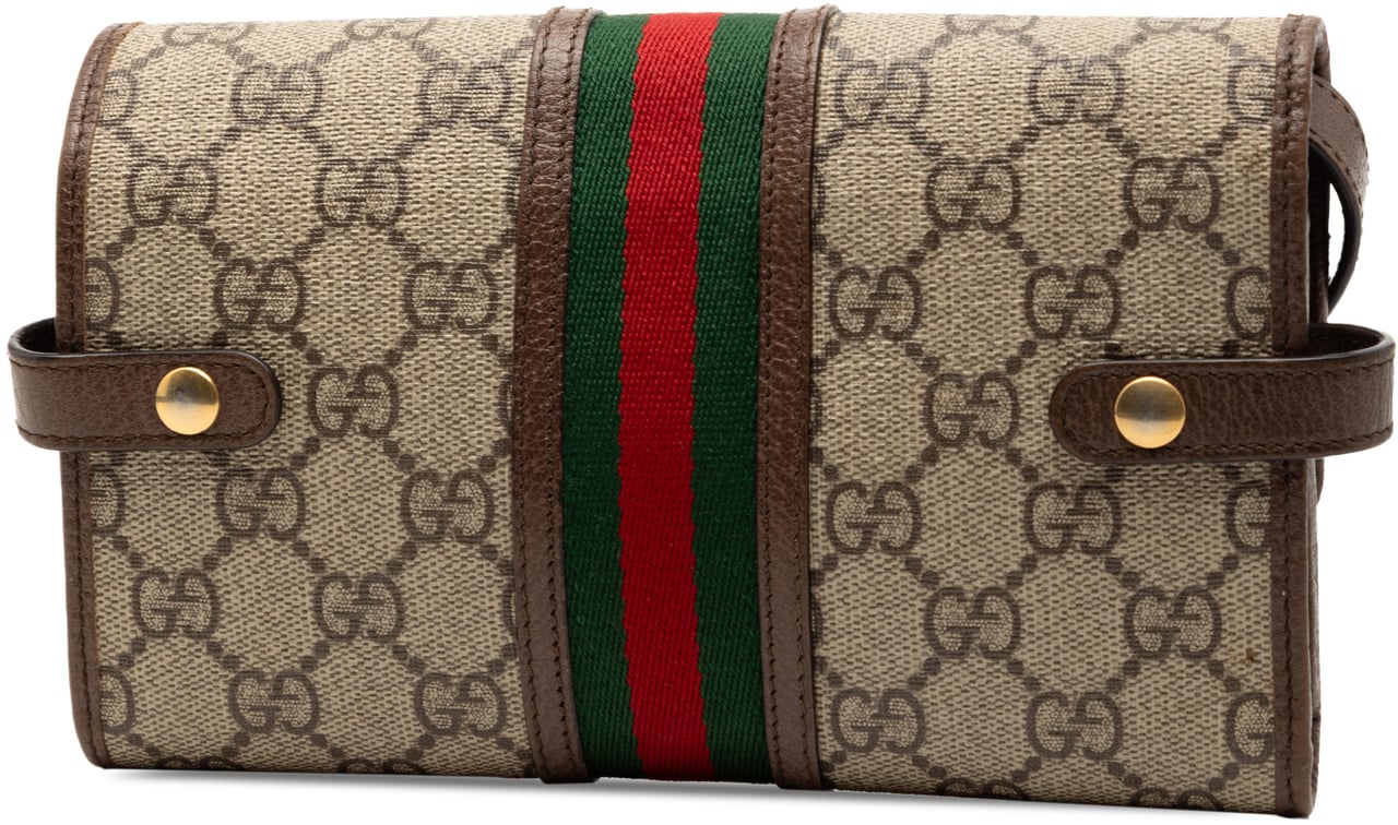 Gucci GG Supreme Web Ophidia Trifold Wallet on Strap Bruin