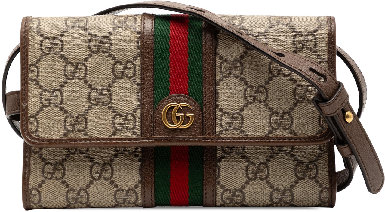 Gucci GG Supreme Web Ophidia Trifold Wallet on Strap Bruin