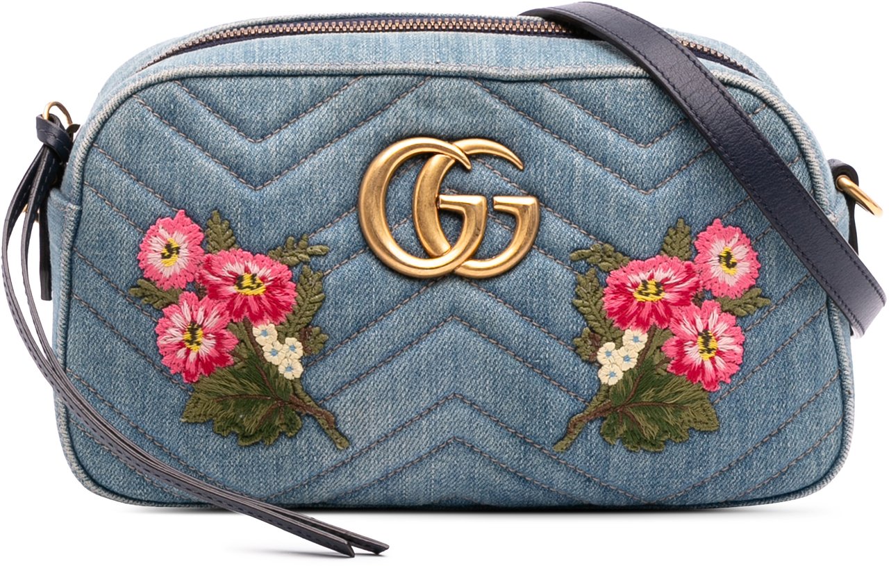 Gucci Small GG Marmont Embroidered Matelasse Denim Crossbody Blauw