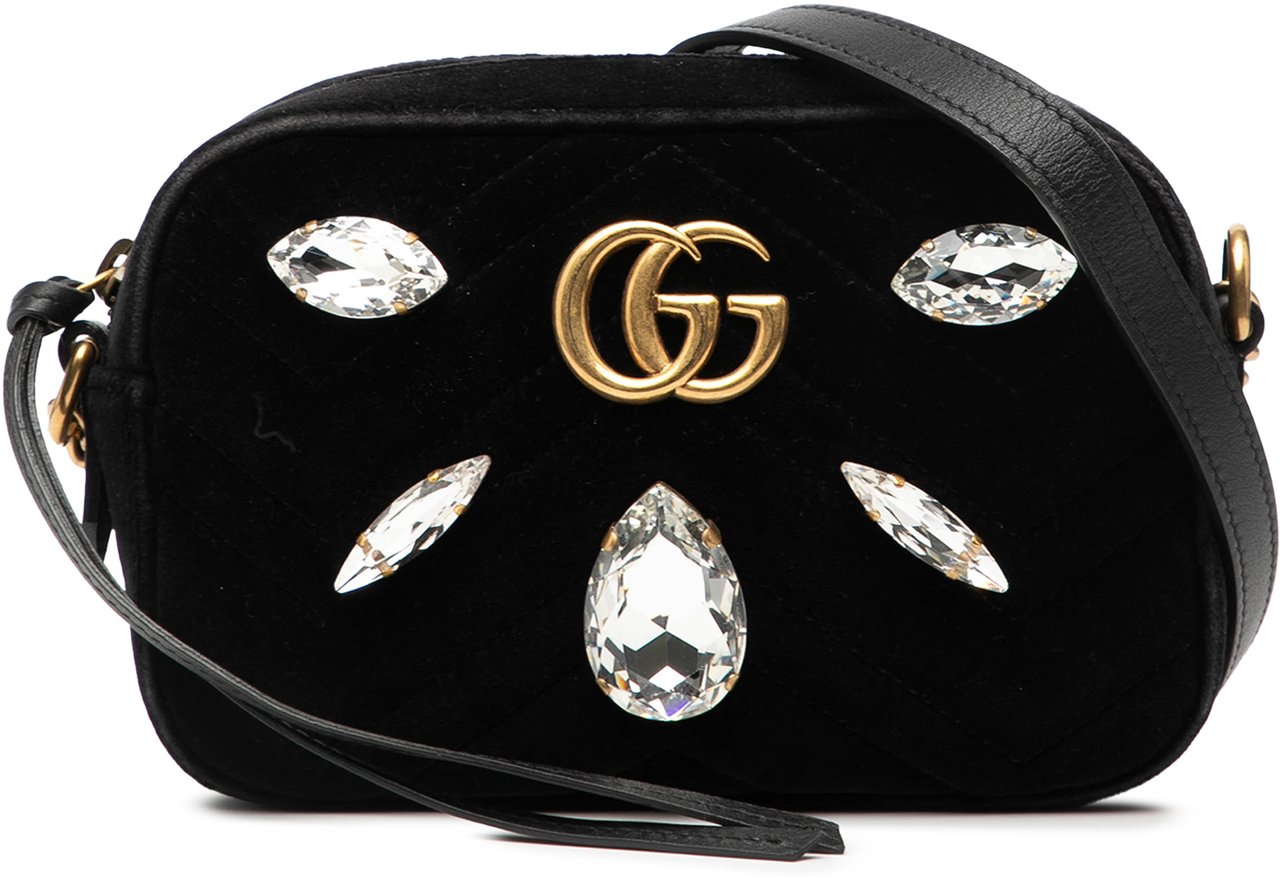 Gucci Mini GG Marmont Crystal Embellished Matelasse Velvet Crossbody Zwart