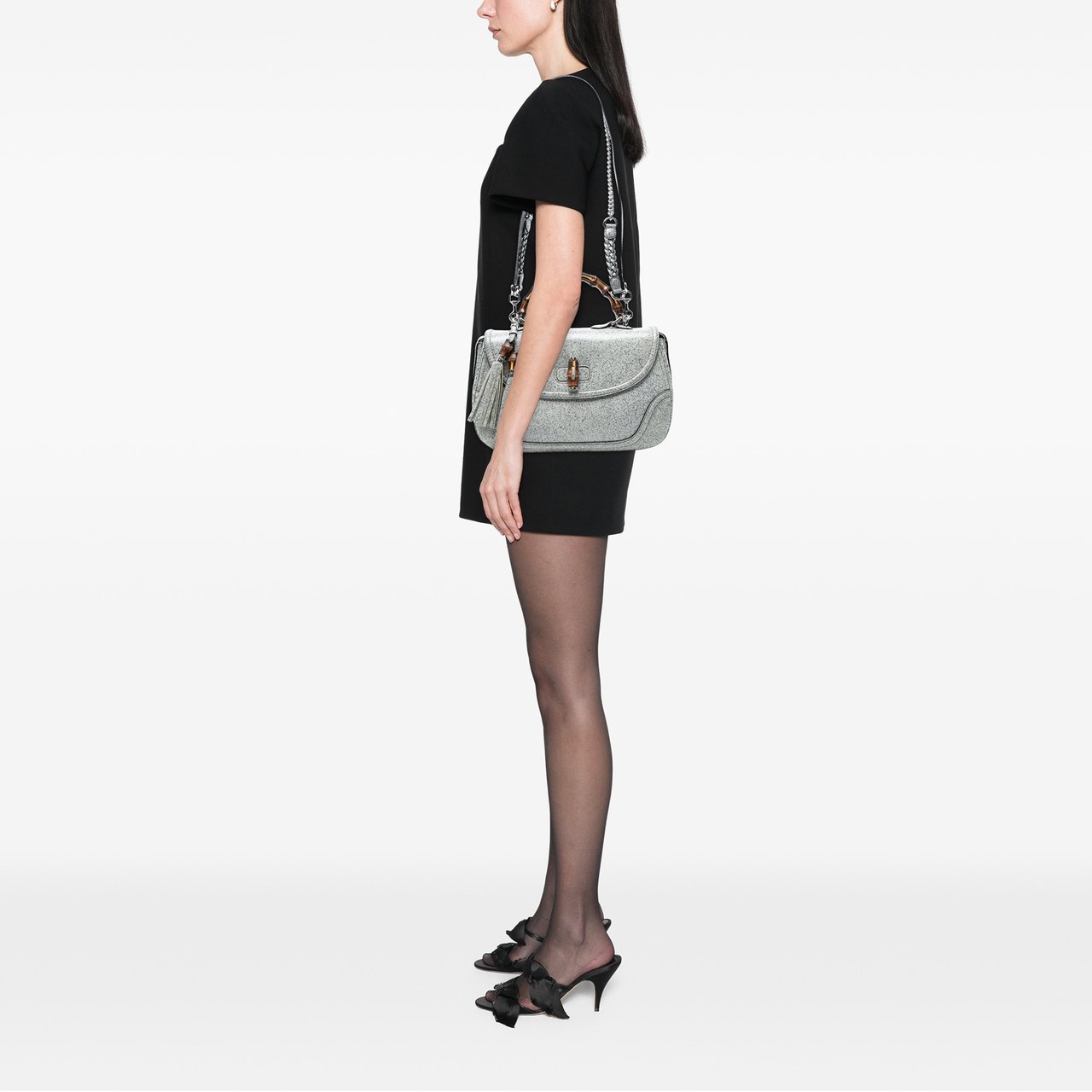 Gucci Large Speckled Leather New Bamboo Top Handle Bag Grijs