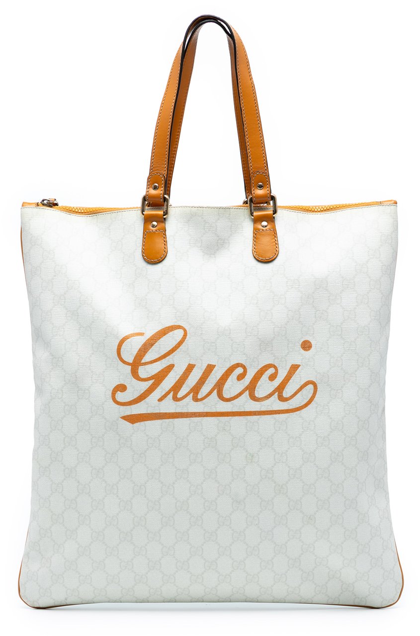 Gucci GG Supreme Heritage Logo Flat Zip Tote Wit