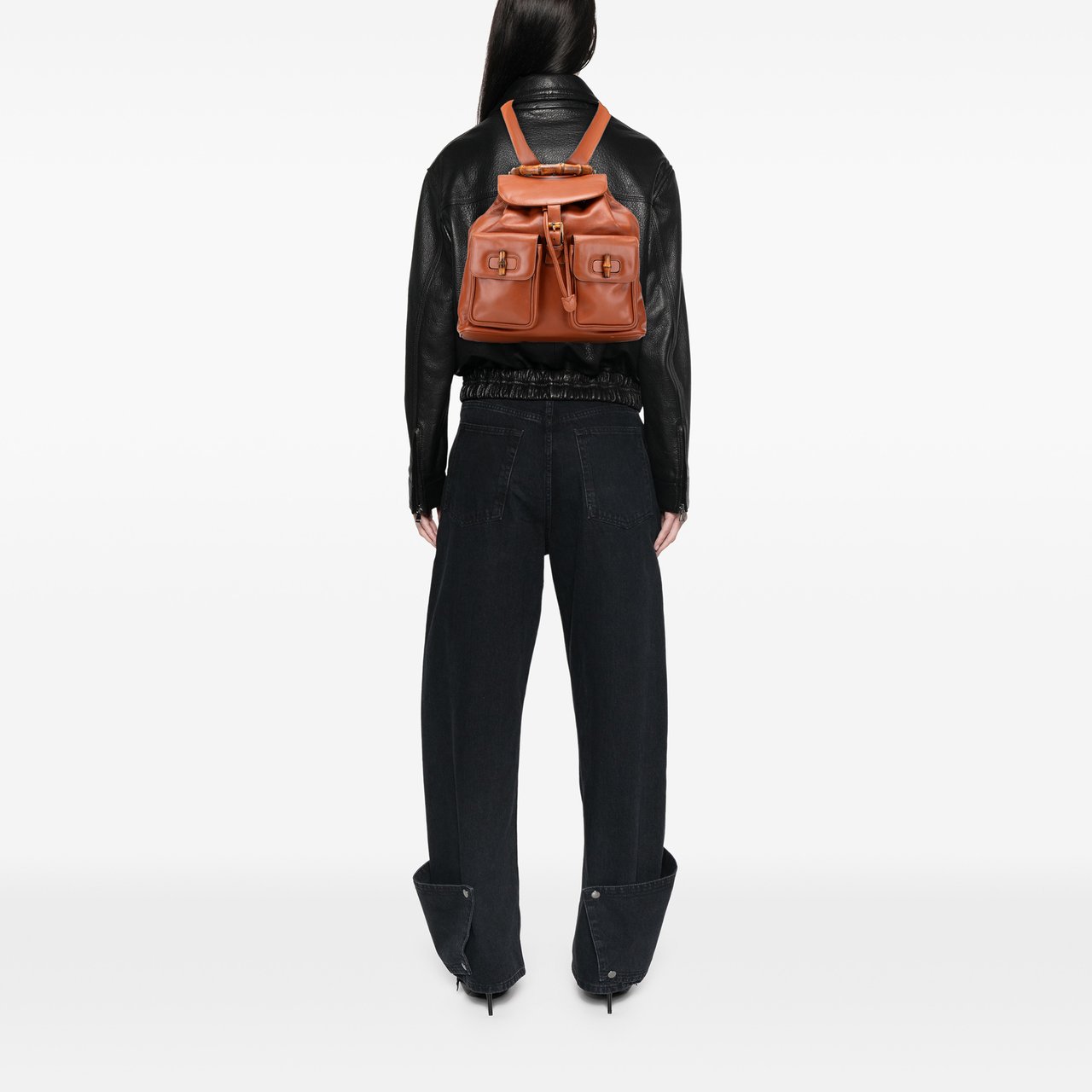 Gucci Leather Bamboo Drawstring Backpack Bruin