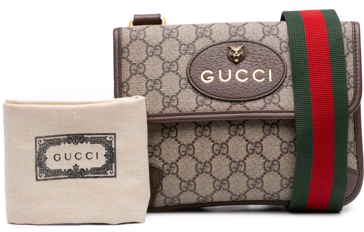 Gucci Small GG Supreme Web Neo Vintage Double Flap Messenger Bag Bruin