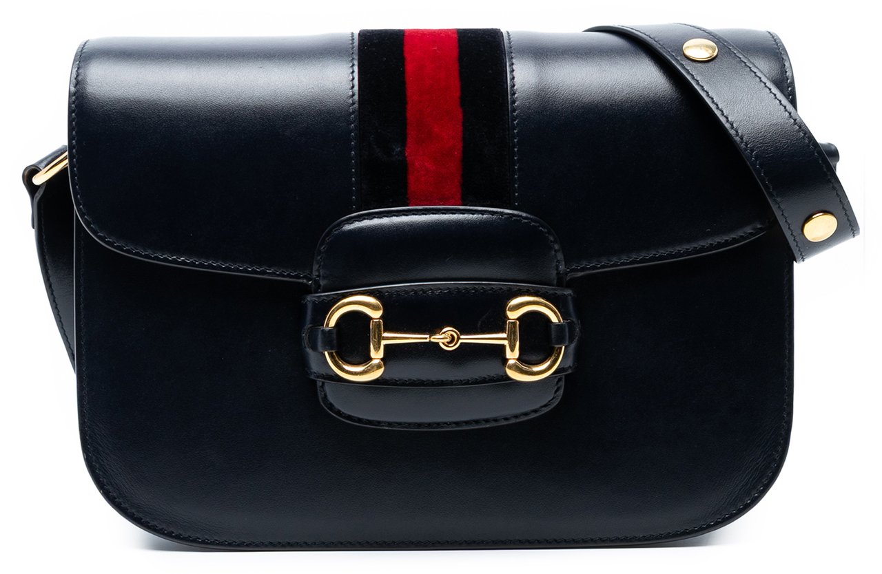 Gucci Medium Leather Web 1955 Horsebit Shoulder Bag Zwart