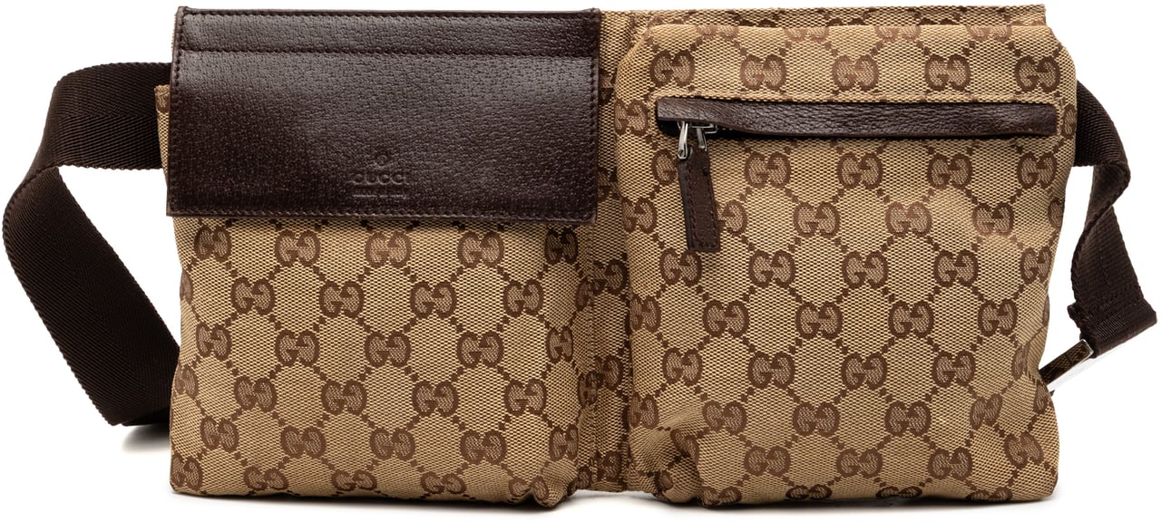 Gucci GG Canvas Double Pocket Belt Bag Bruin