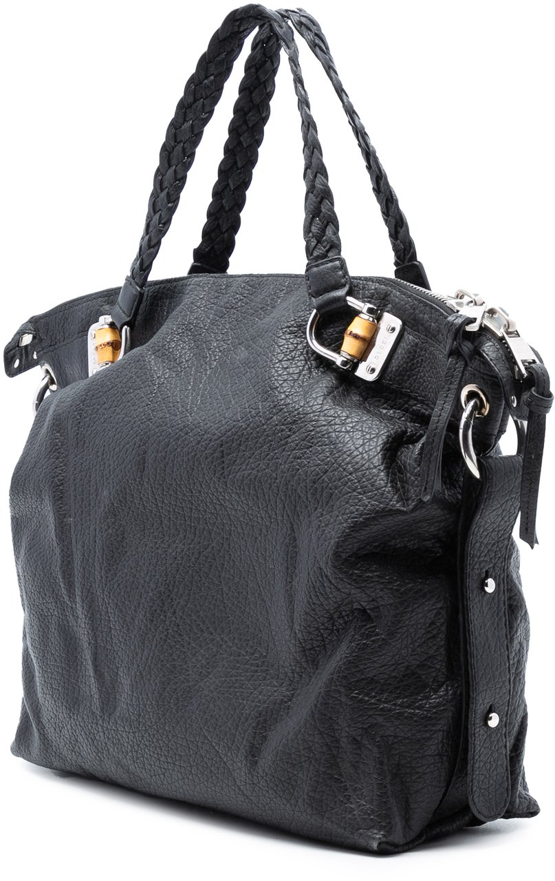 Gucci Large Leather Bamboo Bar Tote Zwart