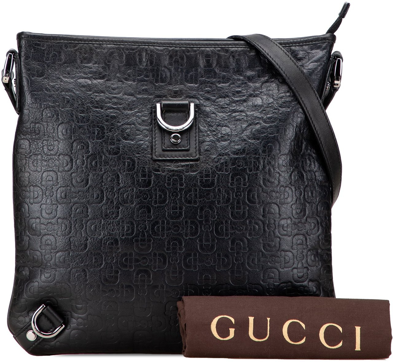 Gucci Embossed Leather Horsebit Abbey D Ring Crossbody Zwart