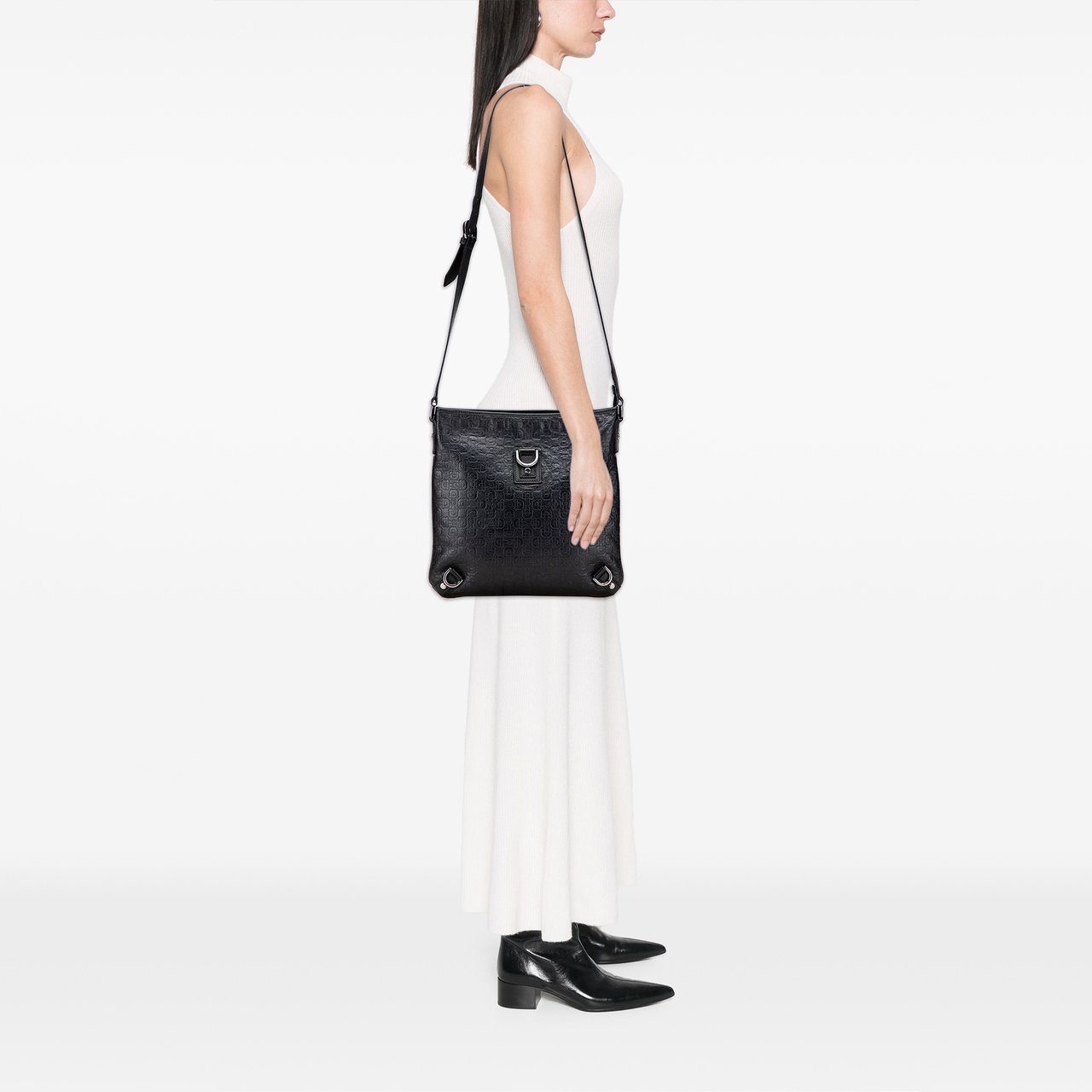 Gucci Embossed Leather Horsebit Abbey D Ring Crossbody Zwart