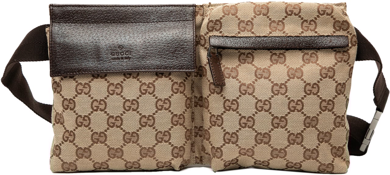 Gucci GG Canvas Double Pocket Belt Bag Bruin