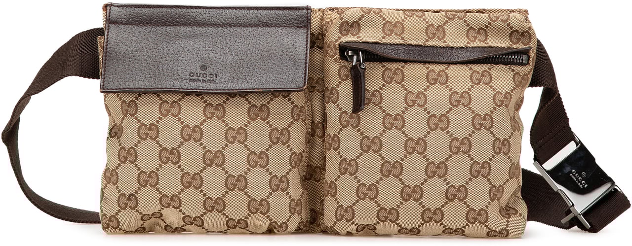 Gucci GG Canvas Double Pocket Belt Bag Bruin