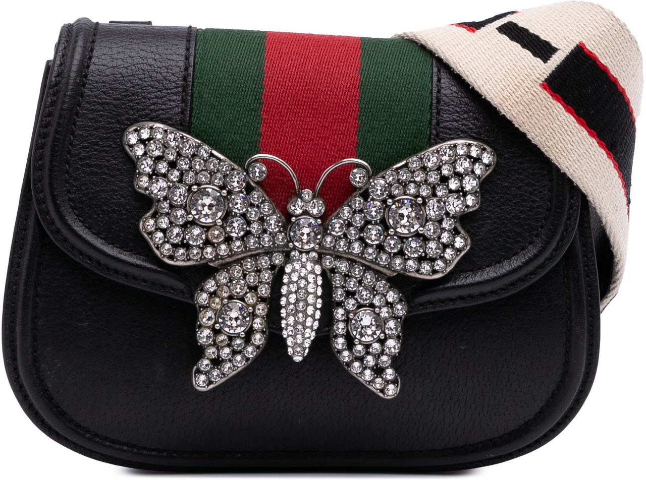 Gucci Small Leather Linea Totem Crystal Butterfly Crossbody Zwart