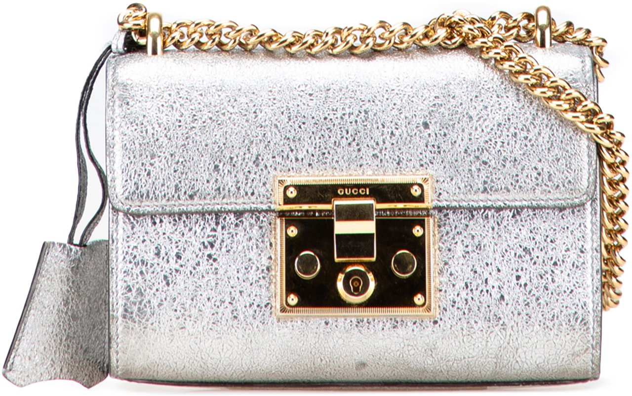 Gucci Small Metallic Leather Padlock Crossbody Zilver
