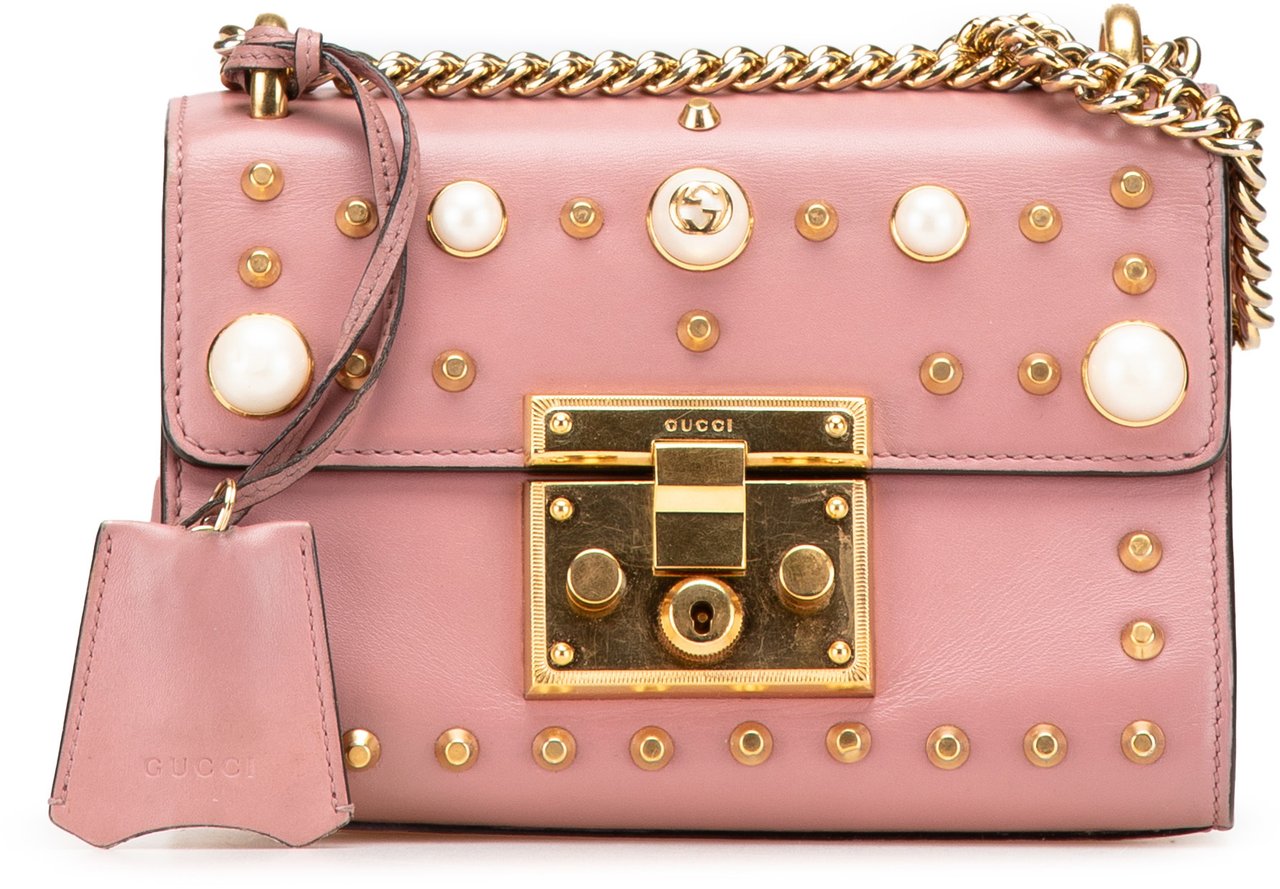 Gucci Small Pearl Studded Leather Padlock Crossbody Roze