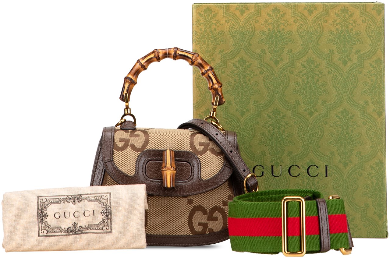 Gucci Mini Jumbo GG Canvas 1947 Bamboo Top Handle Bag Bruin