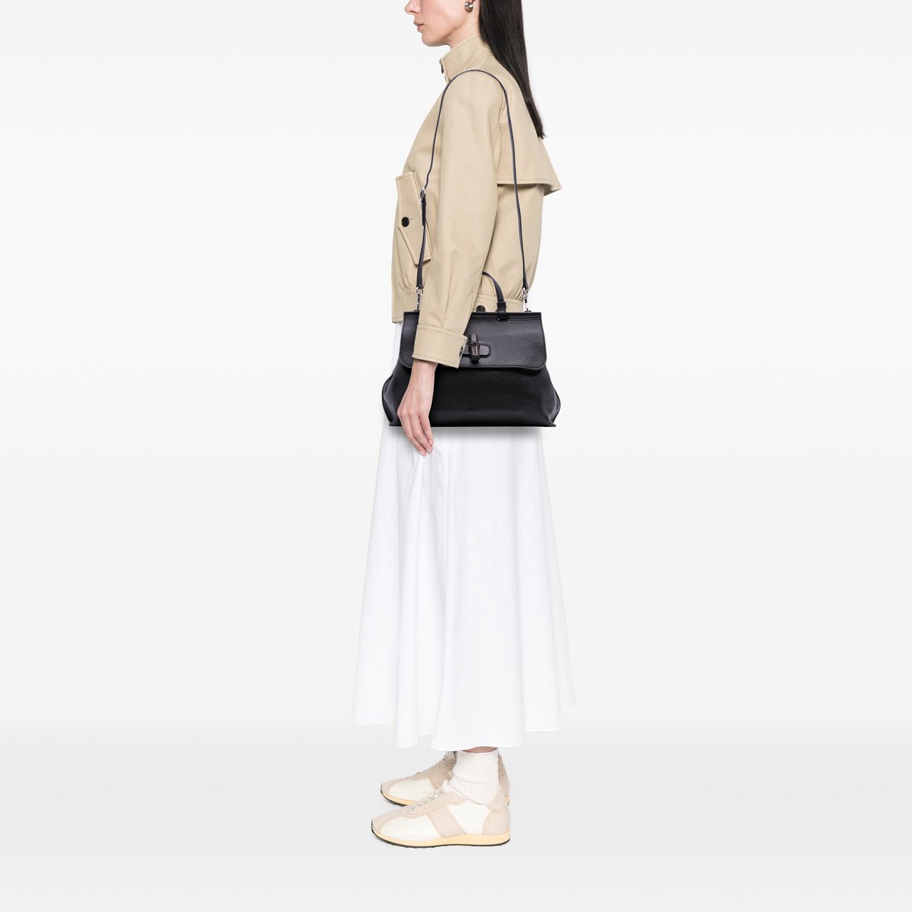 Gucci Medium Leather Bamboo Daily Satchel Zwart