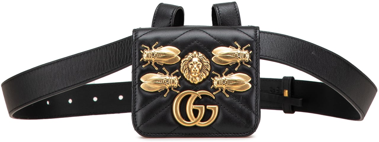 Gucci Mini GG Marmont Matelasse Leather Animal Studs Belt Pouch Bag Zwart