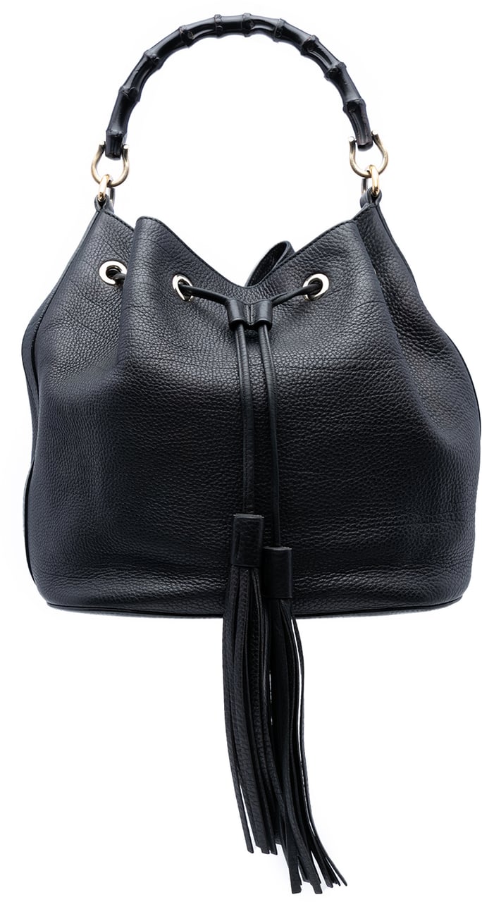 Gucci Pebbled Calfskin Miss Bamboo Tassel Bucket Bag Zwart