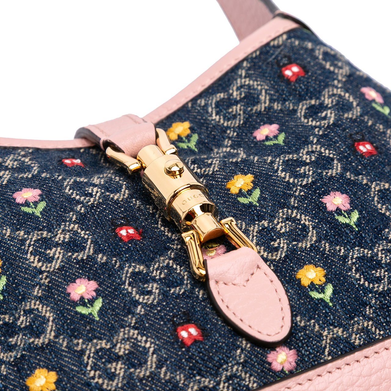 Gucci Limited Edition Mini GG Denim Embroidered Floral Jackie 1961 Crossbody Blauw