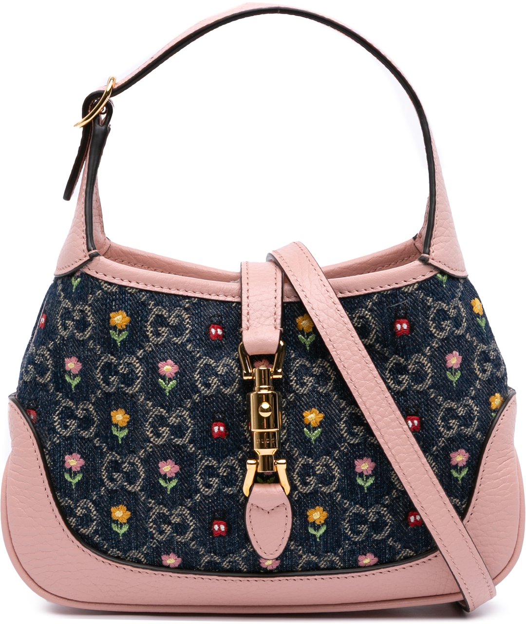 Gucci Limited Edition Mini GG Denim Embroidered Floral Jackie 1961 Crossbody Blauw