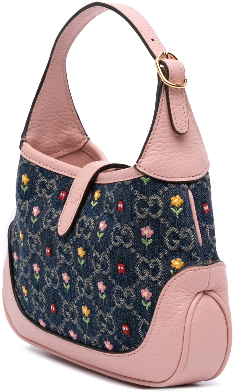 Gucci Limited Edition Mini GG Denim Embroidered Floral Jackie 1961 Crossbody Blauw