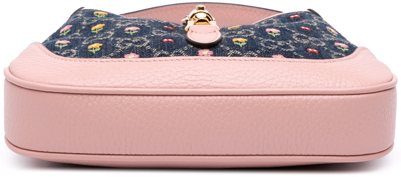 Gucci Limited Edition Mini GG Denim Embroidered Floral Jackie 1961 Crossbody Blauw