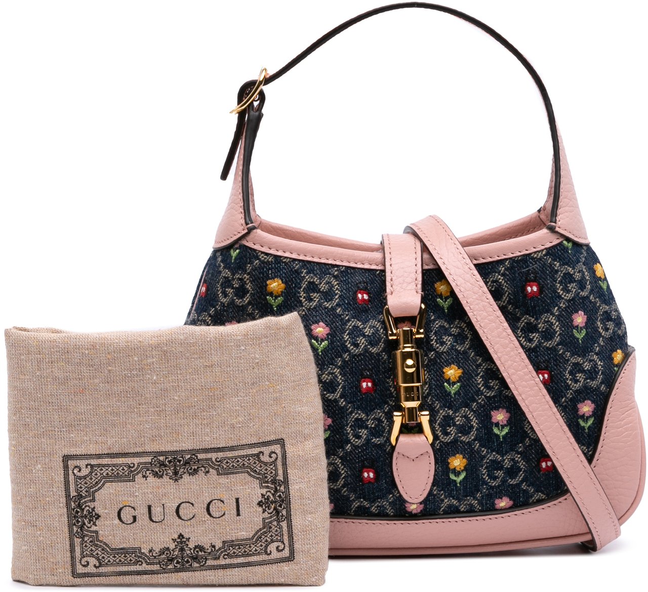 Gucci Limited Edition Mini GG Denim Embroidered Floral Jackie 1961 Crossbody Blauw