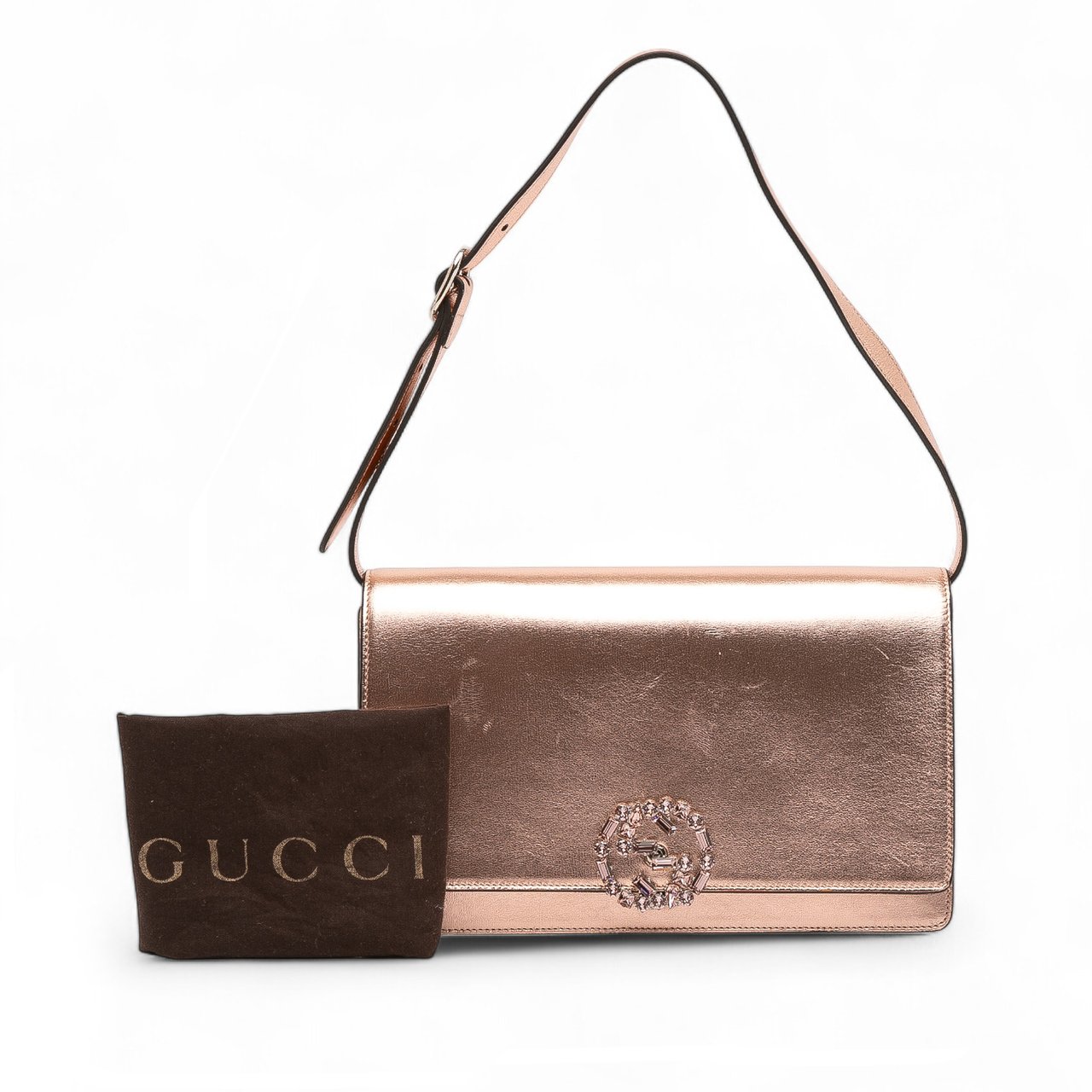 Gucci Metallic Leather Crystal Embellished Broadway Clutch on Strap Roze